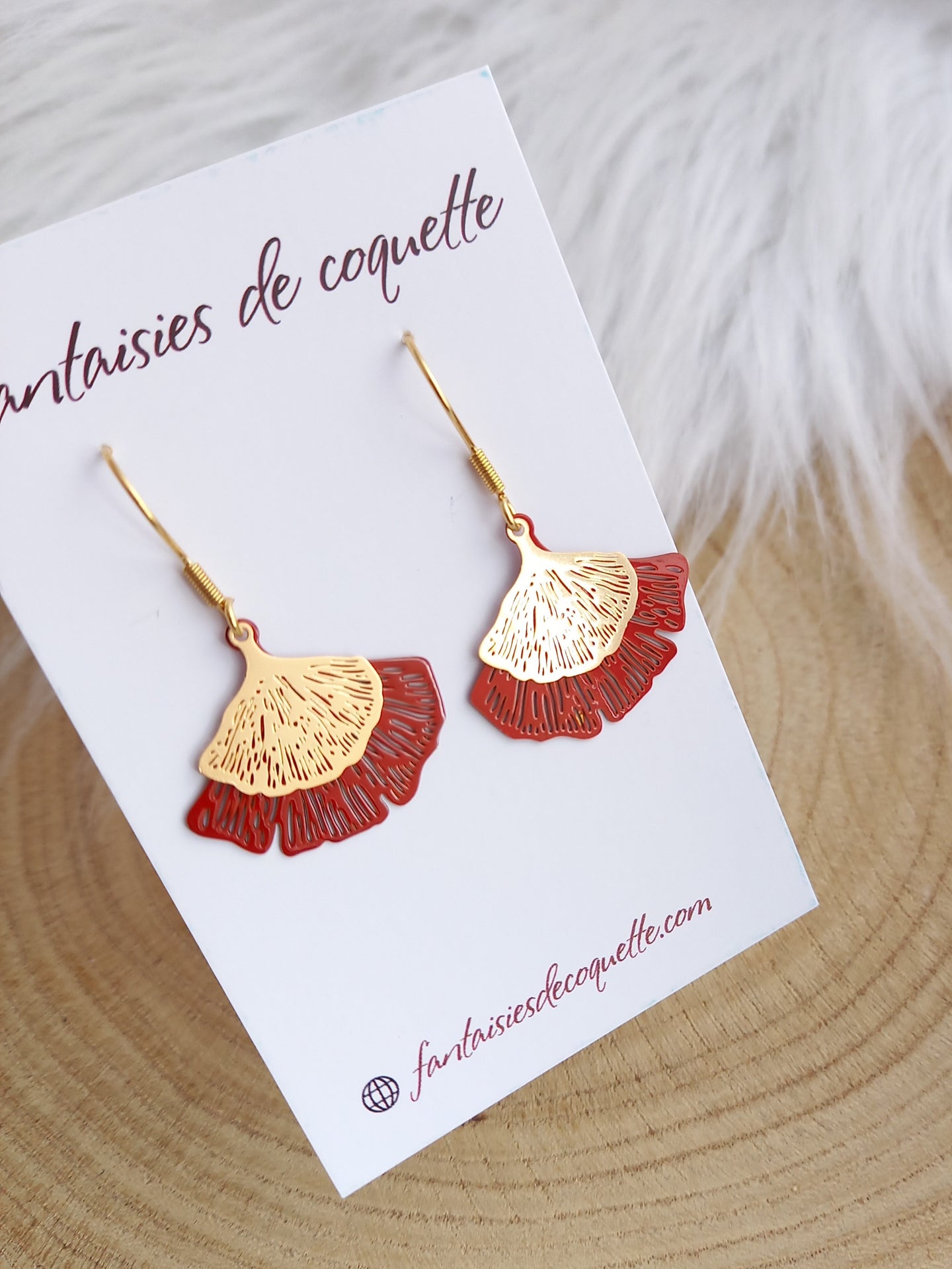 Boucles d'oreilles  Ginkgo   ❤ rouge doré