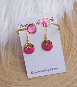 Boucles d'oreilles dorées  Demy   Email  rose Fait-main