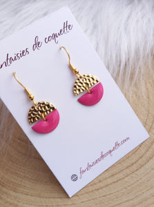 Boucles d'oreilles dorées  Demy   Email  rose Fait-main