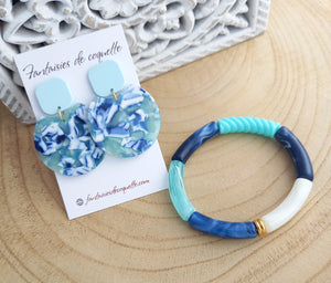 Bracelet  Tendance  perles tubes  Bleu  doré   ❤ Fait main ❤