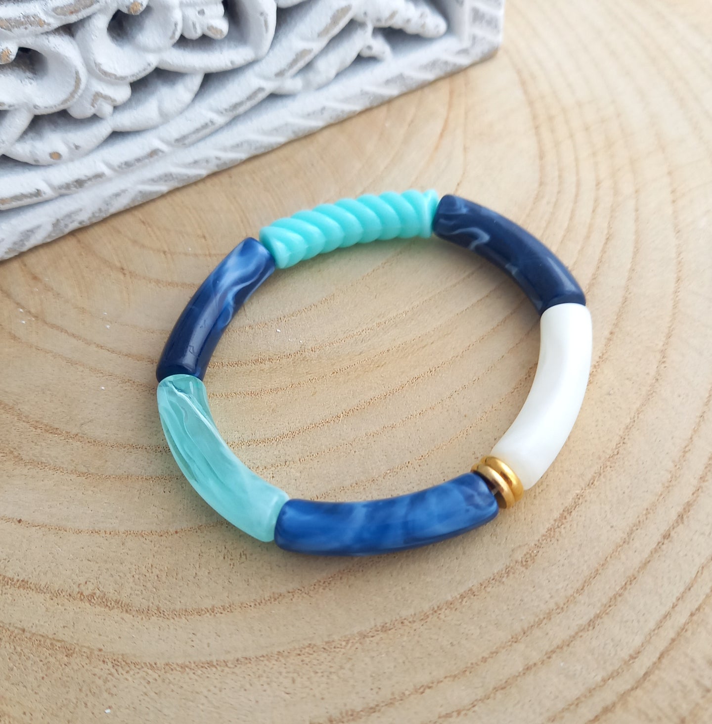 Bracelet  Tendance  perles tubes  Bleu  doré   ❤ Fait main ❤