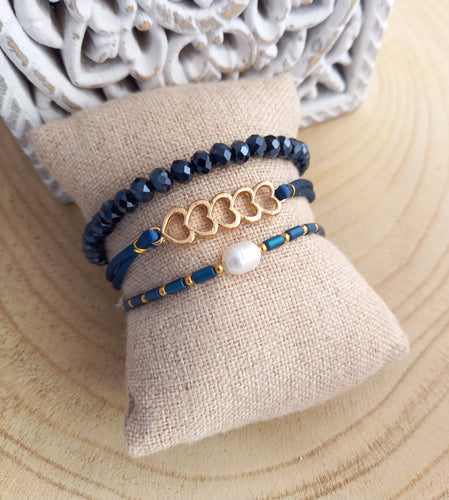 Lot de 3 Bracelets  Esprit manchette  Bleu marine ❤  Fait-main ❤ Idée cadeau