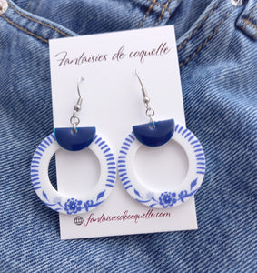 Boucles d'oreilles   Résine  Bleu blanc Acier inoxydable  Bleu