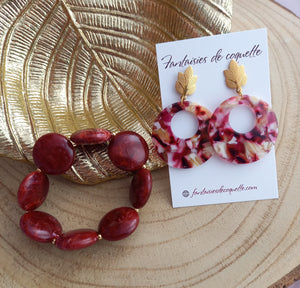 Boucles d'oreilles  Clous  Acier inoxydable Doré Résine Bordeaux ❤ Idée cadeau