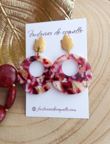 Boucles d'oreilles  Clous  Acier inoxydable Doré Résine Bordeaux ❤ Idée cadeau