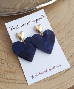 Boucles d'oreilles  Clous  Coeurs  Bleu marine ❤  doré