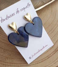 Charger l&#39;image dans la galerie, Boucles d&#39;oreilles  Clous  Coeurs  Bleu marine ❤  doré