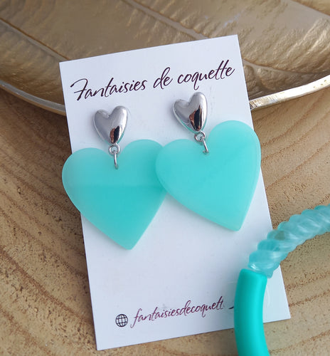 Boucles d'oreilles  Clous  Coeurs  Bleu turquoise ❤  doré