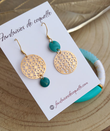 Boucles d'oreilles  asymétriques dorées Vert Turquoise Fait-main ❤ dépareillées