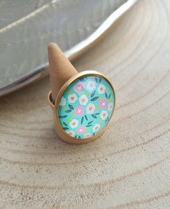 Bague Fantaisie illustrée  Fleurs Acier inoxydable Doré Taille Réglable Vert d'eau rose