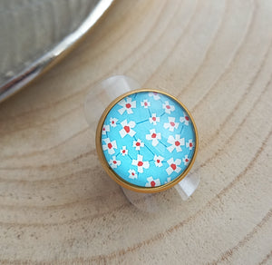 Bague Fantaisie illustrée  Fleurs Acier inoxydable Doré Taille Réglable Bleu ciel rouge