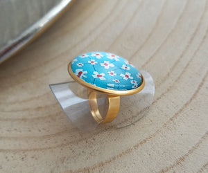 Bague Fantaisie illustrée  Fleurs Acier inoxydable Doré Taille Réglable Bleu ciel rouge