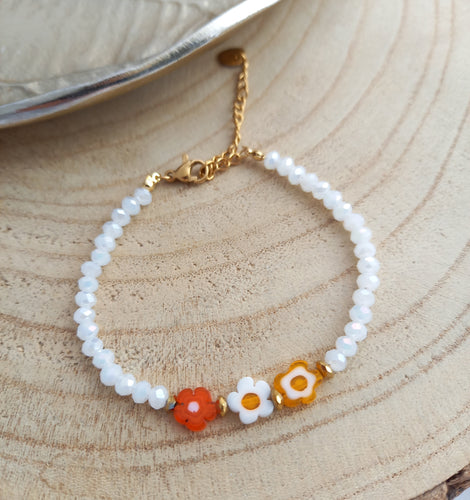 Bracelet Chainette  perles à facettes Fleur    Blanc Orange Doré  ❤ Fait main ❤