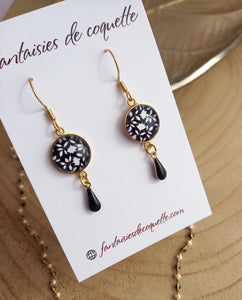 Boucles d'oreilles  illustrées dorées   Fleur   Fait-main ❤  Noir Blanc