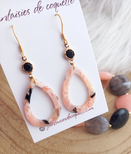 Boucles d'oreilles    Acier inoxydable Doré Résine Rose noir ❤ Idée cadeau