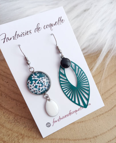 Boucles d'oreilles  asymétriques  illustrées Fait-main ❤ dépareillées    Fleurs Vert Noir