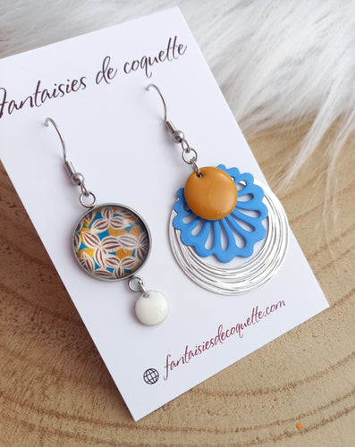 Boucles d'oreilles  asymétriques  illustrées illustrées Fait-main ❤ dépareillées    Camel Bleu