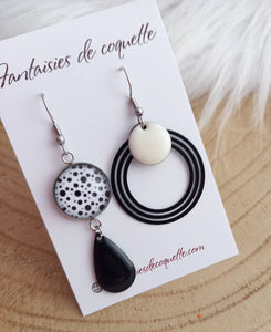 Boucles d'oreilles  asymétriques  illustrées illustrées Fait-main ❤ dépareillées    Blanc noir