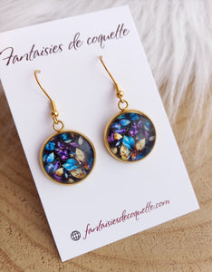 Boucles d'oreilles dorées  illustrées feuilles  mauve  violet  Fait-main ❤