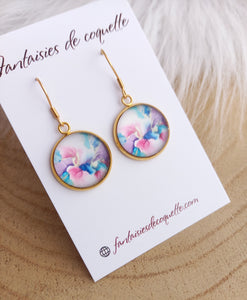 Boucles d'oreilles dorées  illustrées feuilles  mauve  rose Fait-main ❤