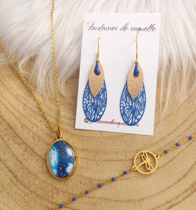 Collier   acier inoxydable doré Pendentif illustré Aquarelle bleu doré  ❤ Fait main ❤ nature