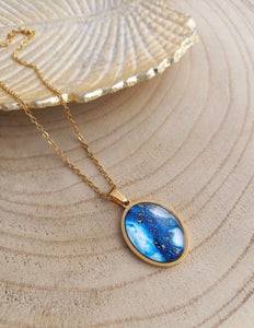 Collier   acier inoxydable doré Pendentif illustré Aquarelle bleu doré  ❤ Fait main ❤ nature