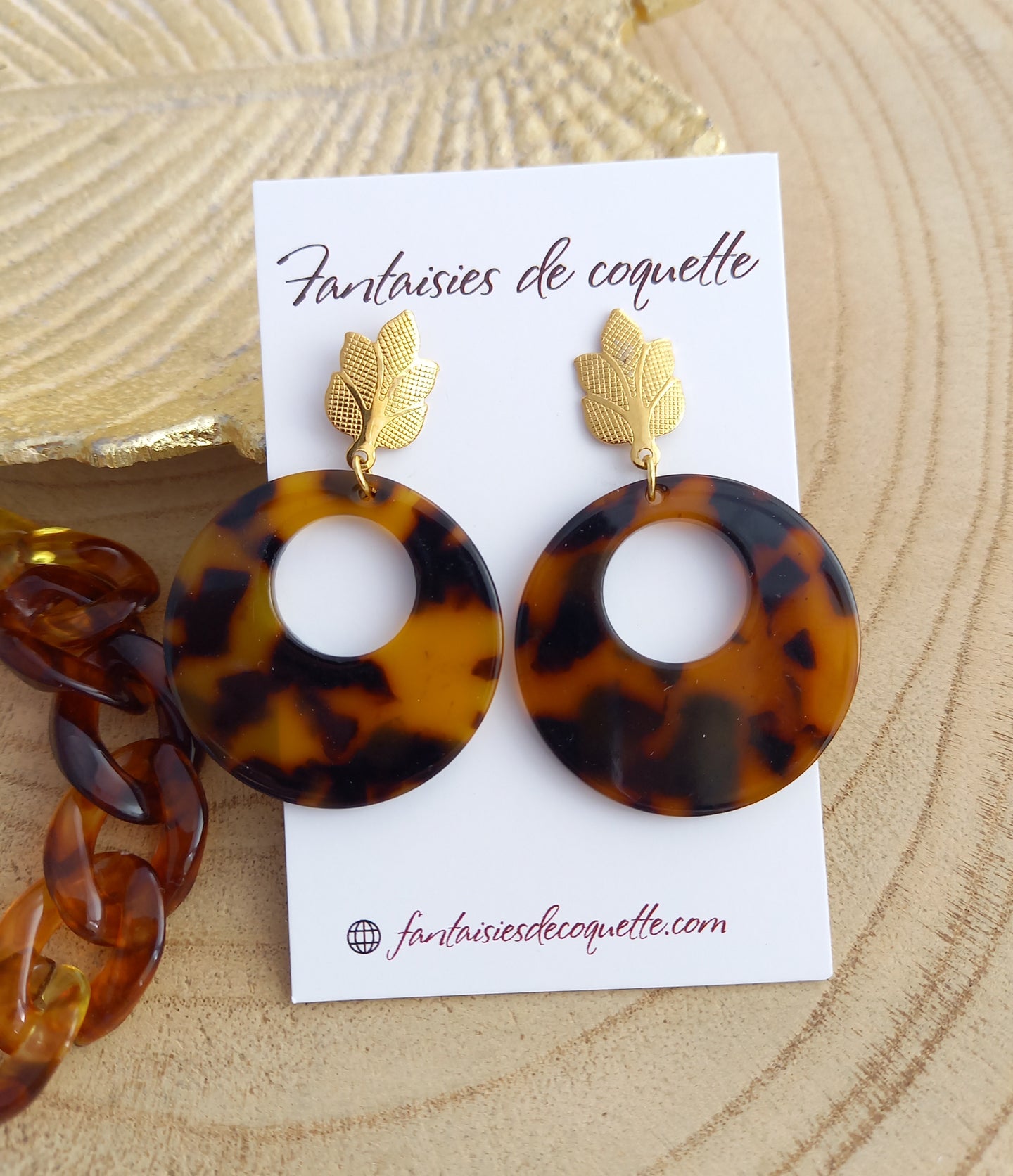 Boucles d'oreilles  Clous  Acier inoxydable Doré Résine Ecaille marron ❤ Idée cadeau