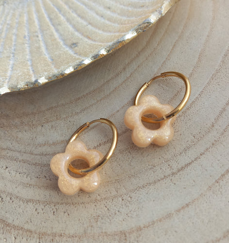 Boucles d'oreilles    Créoles dorées  Fleurettes   Fait-main doré Pêche