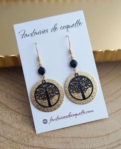 Boucles d'oreilles Arbre de vie    Acier inoxydable doré Noir