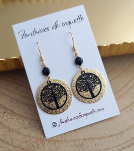 Boucles d'oreilles Arbre de vie    Acier inoxydable doré Noir