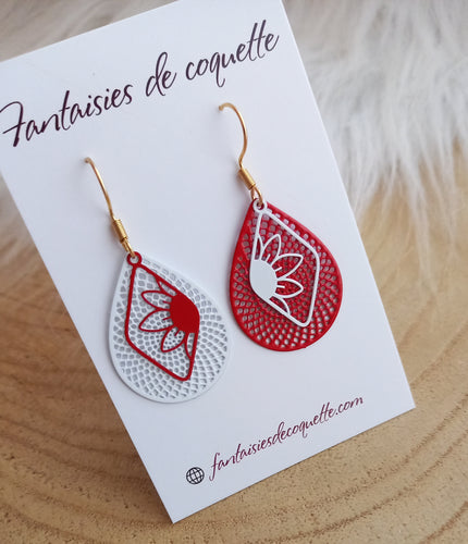 Boucles d'oreilles  asymétriques  Fait-main ❤ dépareillées   Blanc Rouge