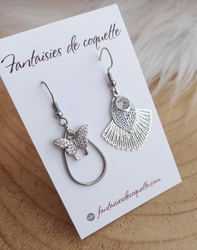 Boucles d'oreilles  dépareillées asymétriques Papillon   Argenté ❤ Fait main ❤