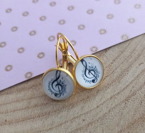 Boucles d'oreilles Dormeuses  Musique Clé de Sol Noir Blanc ❤ Fait main ❤ doré