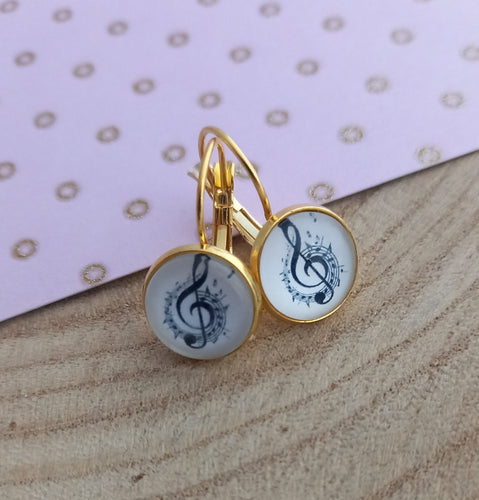 Boucles d'oreilles Dormeuses  Musique Clé de Sol Noir Blanc ❤ Fait main ❤ doré