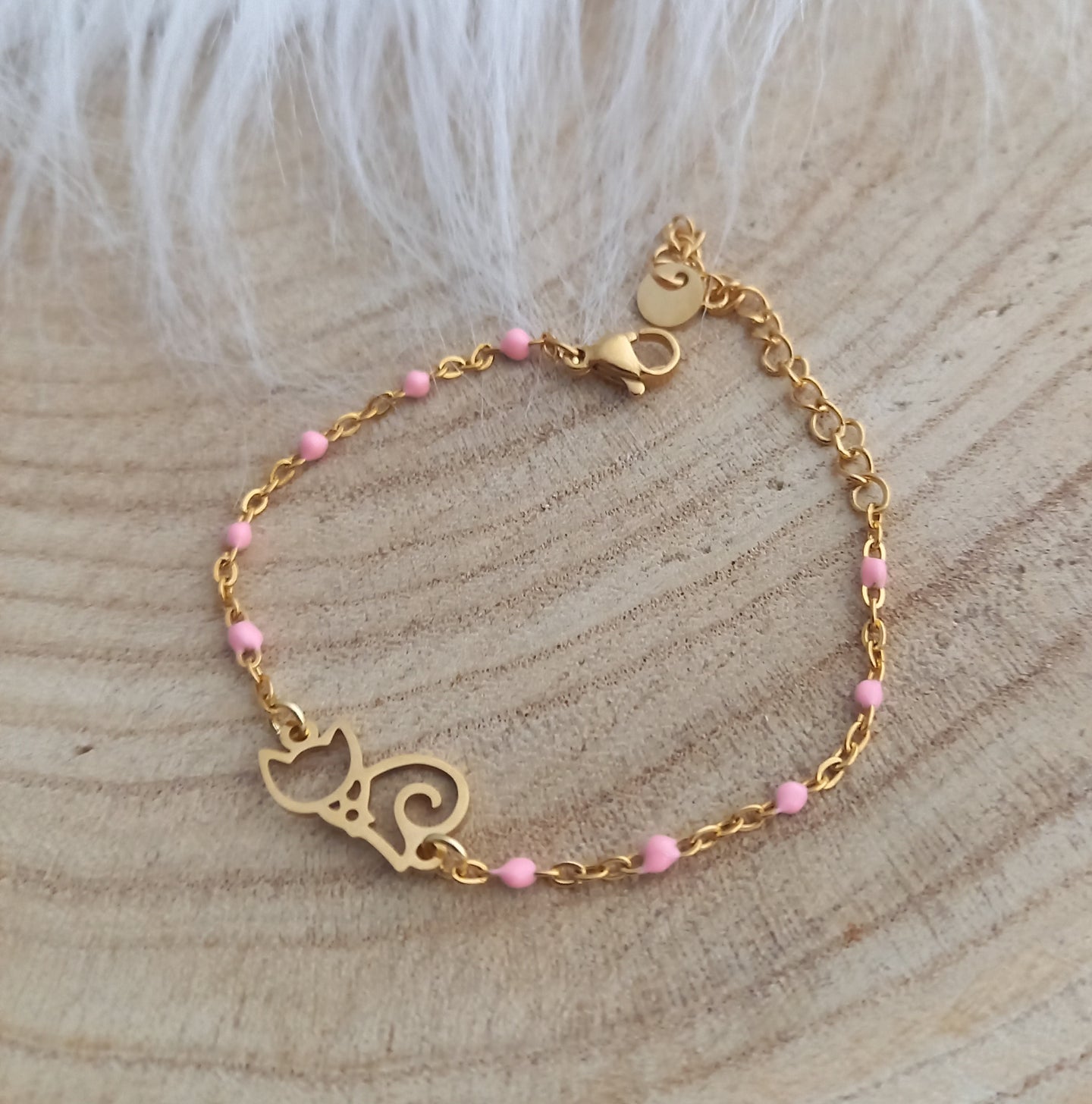 Bracelet Enfant  Chainette doré  émail Petit Chat ❤ Fait main ❤ Rose