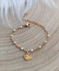 Bracelet Enfant  Chainette doré  émail Petit Piou Piou ❤ Fait main ❤ Blanc