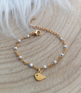 Bracelet Enfant  Chainette doré  émail Petit Piou Piou ❤ Fait main ❤ Blanc