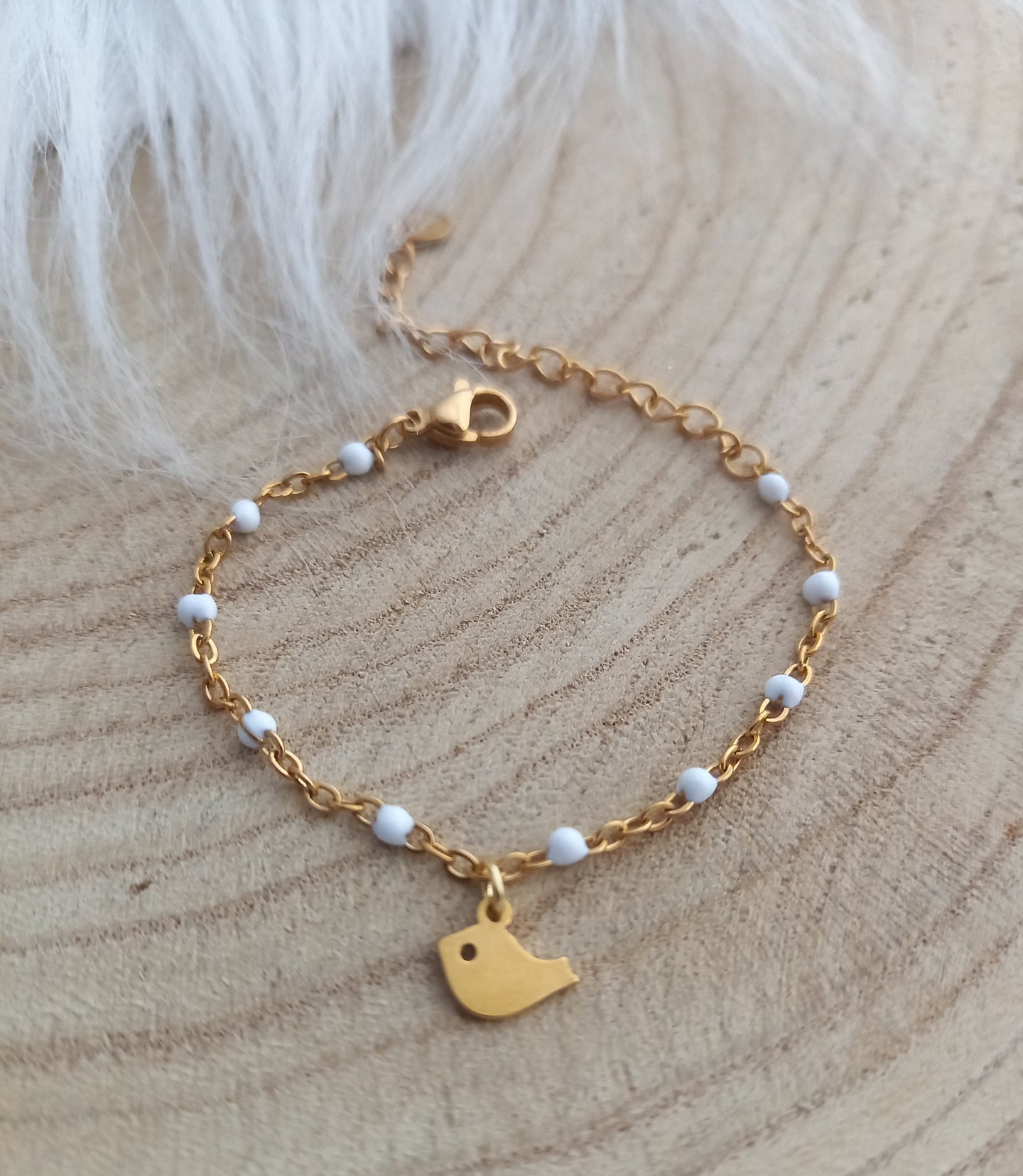 Bracelet Enfant  Chainette doré  émail Petit Piou Piou ❤ Fait main ❤ Blanc