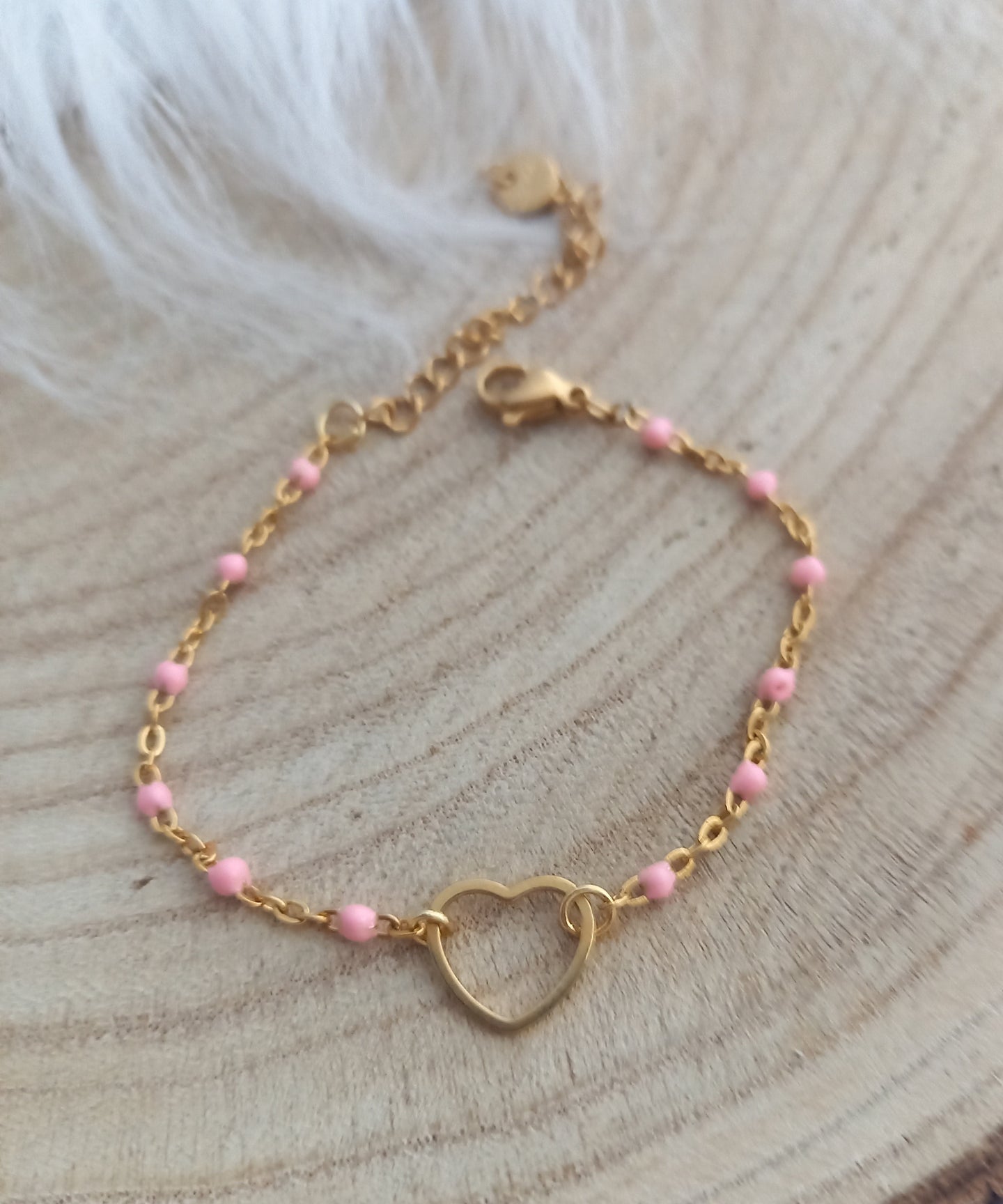 Bracelet Enfant  Chainette doré  émail Petit Coeur ❤ Fait main ❤ Rose