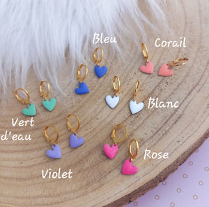 Boucles d'oreilles  dormeuses dorées en acier inoxydable Coeurs Rose Blanc Corail Bleu Violet Vert d'eau