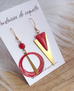 Boucles d'oreilles  asymétriques  Fait-main ❤ dépareillées    Rouge doré