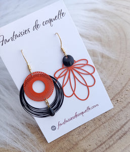 Boucles d'oreilles  asymétriques dorées  illustrées géométriques Orange noir Fait-main ❤ dépareillées