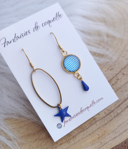 Boucles d'oreilles  dépareillées asymétriques argentées Etoile bleu Poppy ❤ Fait main ❤