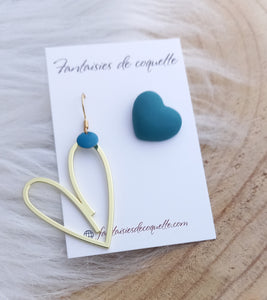 Boucles d'oreilles  dépareillées asymétriques argentées  Coeur  Bleu vert pétrole ❤ Fait main ❤