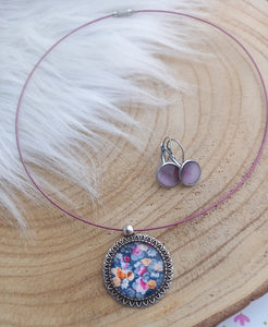 Parure Collier Ras du cou + Boucles d'oreilles assorties  ♥️ Fait-main ♥️ Pendentif illustré fleurs