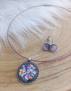 Parure Collier Ras du cou + Boucles d'oreilles assorties  ♥️ Fait-main ♥️ Pendentif illustré fleurs