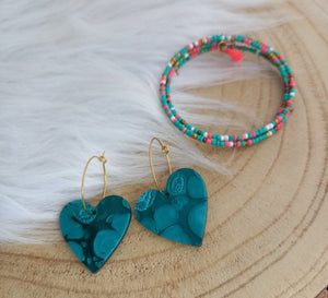 Boucles d'oreilles   Créoles   vert coeur doré  ❤ Fait main ❤