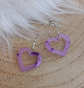 Boucles d'oreilles   Créoles    coeur Mauve  doré  ou argenté ❤ Fait main ❤