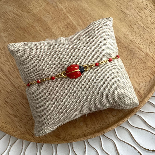 Bracelet Chainette Acier inoxydable doré  émail rouge Coccinelle ❤ Fait main ❤