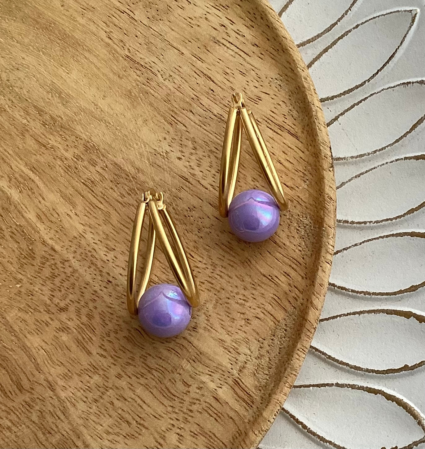 Boucles d'oreilles    Acier inoxydable Doré Perle mauve ❤ Idée cadeau